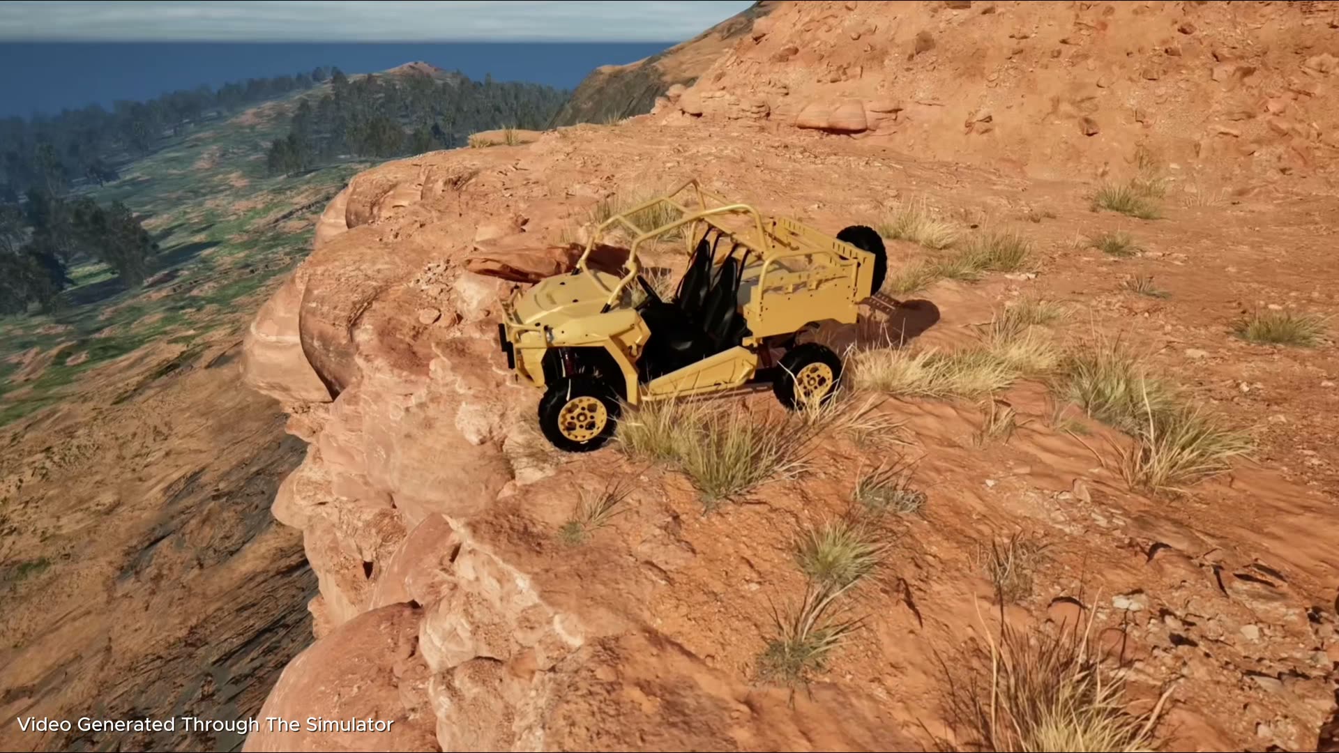 A tan off-road utility vehicle parked on a simulated sandstone ledge above a forested valley